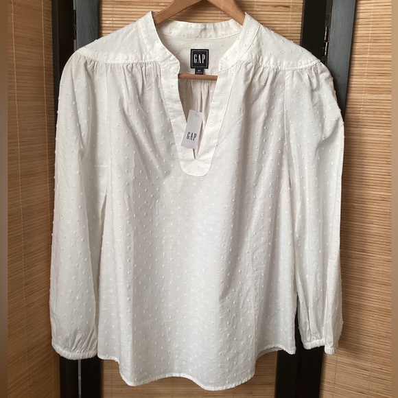 GAP Tops - NWT Gap white cotton blouse XS embroidered split neck long sleeve band collar